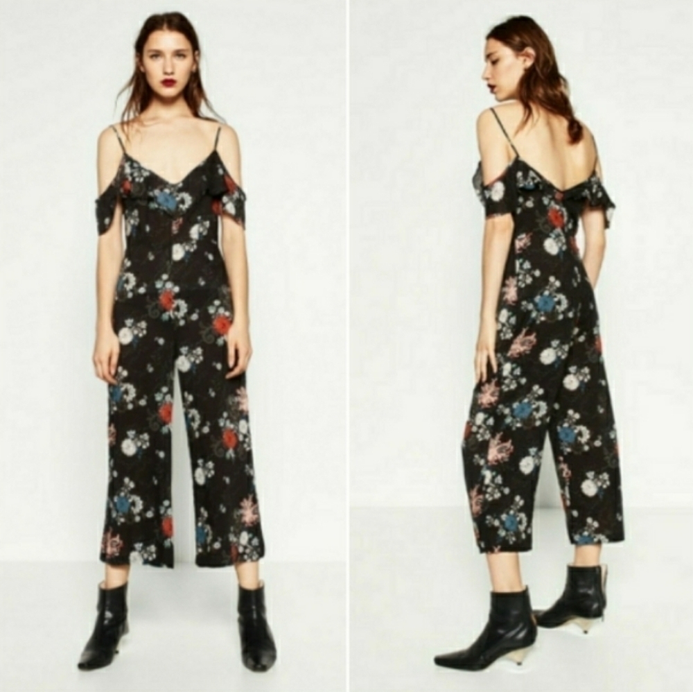 Zara Floral Cold Shoulder Cropped Jumpsuit Size S
